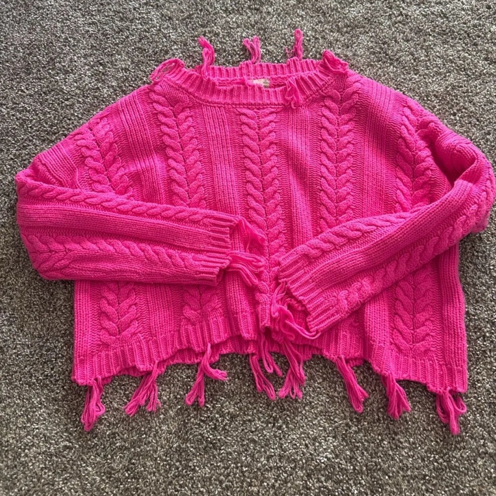 Altar'd State Pink Cable Knit Crew Neck Sweater